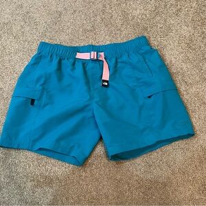The North Face Class V Belted Shorts Teal Blue Pink Swim Trunks 7" Men’s Large